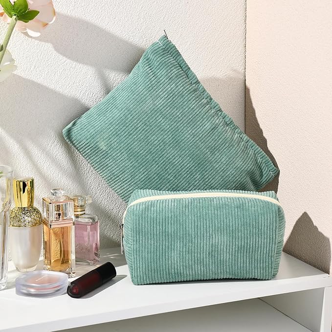 SOIDRAM 2 Pieces Makeup Bag Large Corduroy Cosmetic Bag Capacity Canvas Mix Travel Toiletry Bag Organizer Cute Makeup Brushes Aesthetic Accessories Storage Bag for Women, Corduroy Mix Green