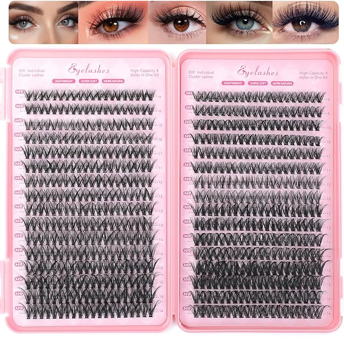 Manga Lash Clusters, 640 Pcs Eyelashes Clusters Extensions 9-16mm Individual Lashes D Curl Fluffy Wispy False Eyelashes Thin Band (40D&50D)