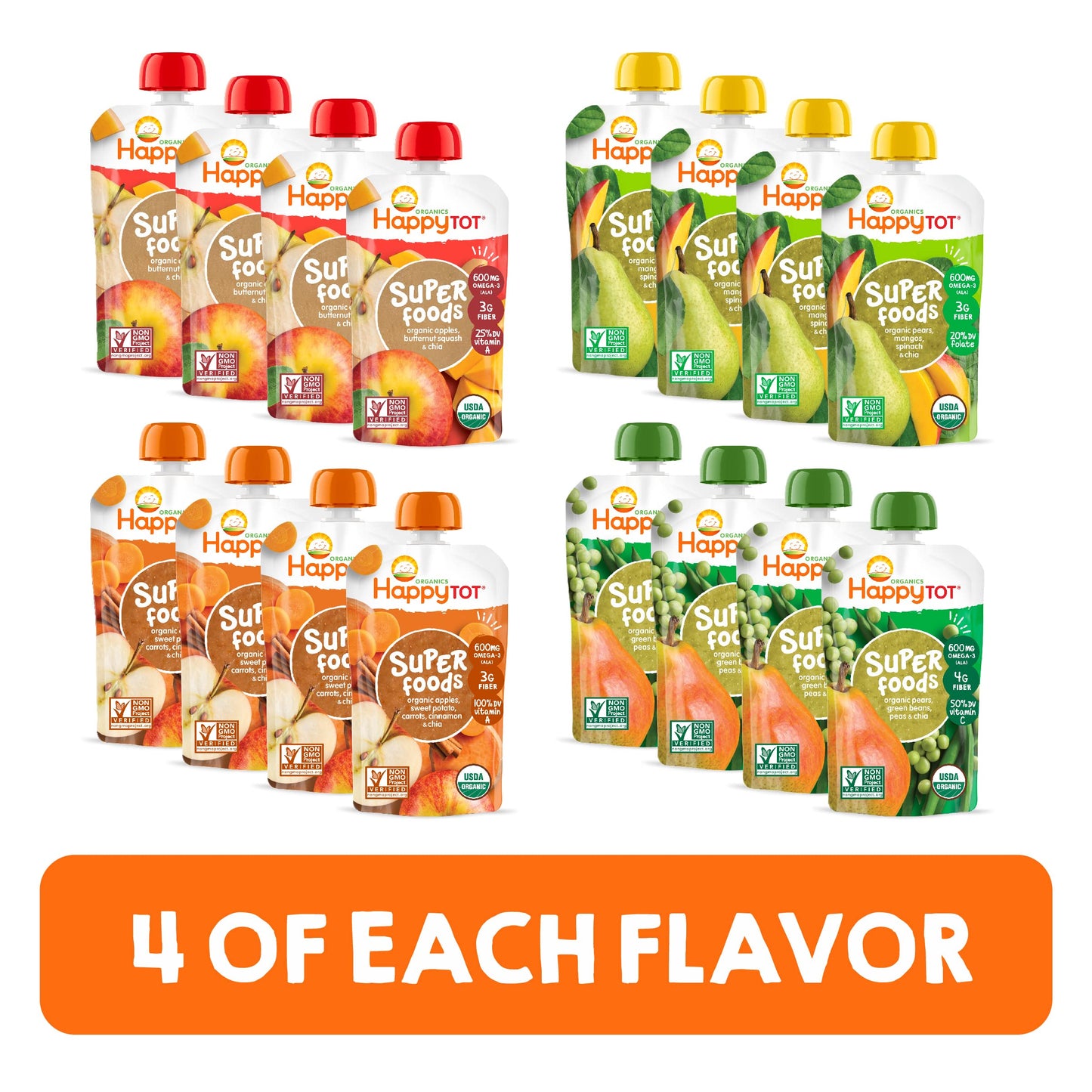 HAPPYTOT Organics Stage 4 Baby Food Pouches, Gluten Free, Vegan Snack, SuperFoods Fruit & Veggie Puree & Chia Variety Pack, 4.22 Ounce (Pack of 16), Amazon Exclusive