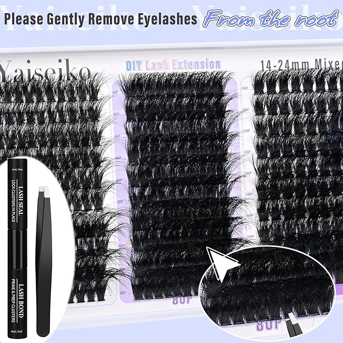 60+80+100D Lash Clusters Kit Eyelash Extension Kit DIY Lash Extension Kit 280 PCS Lashes Clusters Cluster with Lash Bond and Seal Lash Applicator for Lash Extensions by Yaiseiko(14-24MM)