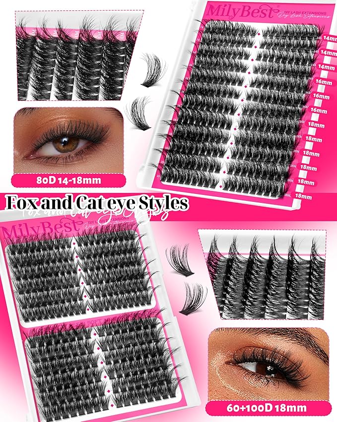 MilyBest 4 Styles Lash Clusters Kit 864Pcs Eyelash Clusters Lash Kit Volume Lashes Clusters D Curl DIY Individual False Eyelashes with 2 Bond&Seal Wispy Bulk Cluster Eyelash Extensions Kit De Pestañas