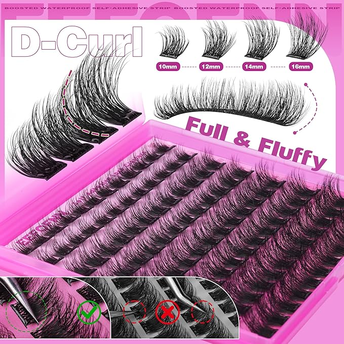 Self Adhesive Eyelashes Fluffy Self Adhesive Lash Clusters Pre Glue Eyelash Clusters Wispy Cluster Eyelash Extensions 10-16mm No Glue Needed Individual Lashes DIY Lash Extension Kit with Tweezers