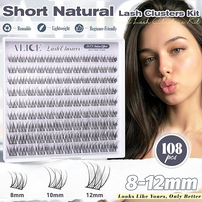 ALICE Short Lash Clusters Kit Natural Wispy Eyelash Clusters Kit 8-12mm Thin Band Cluster Eyelash Extension Kit for No Makeup Makeup Cleangirl Aesthetic