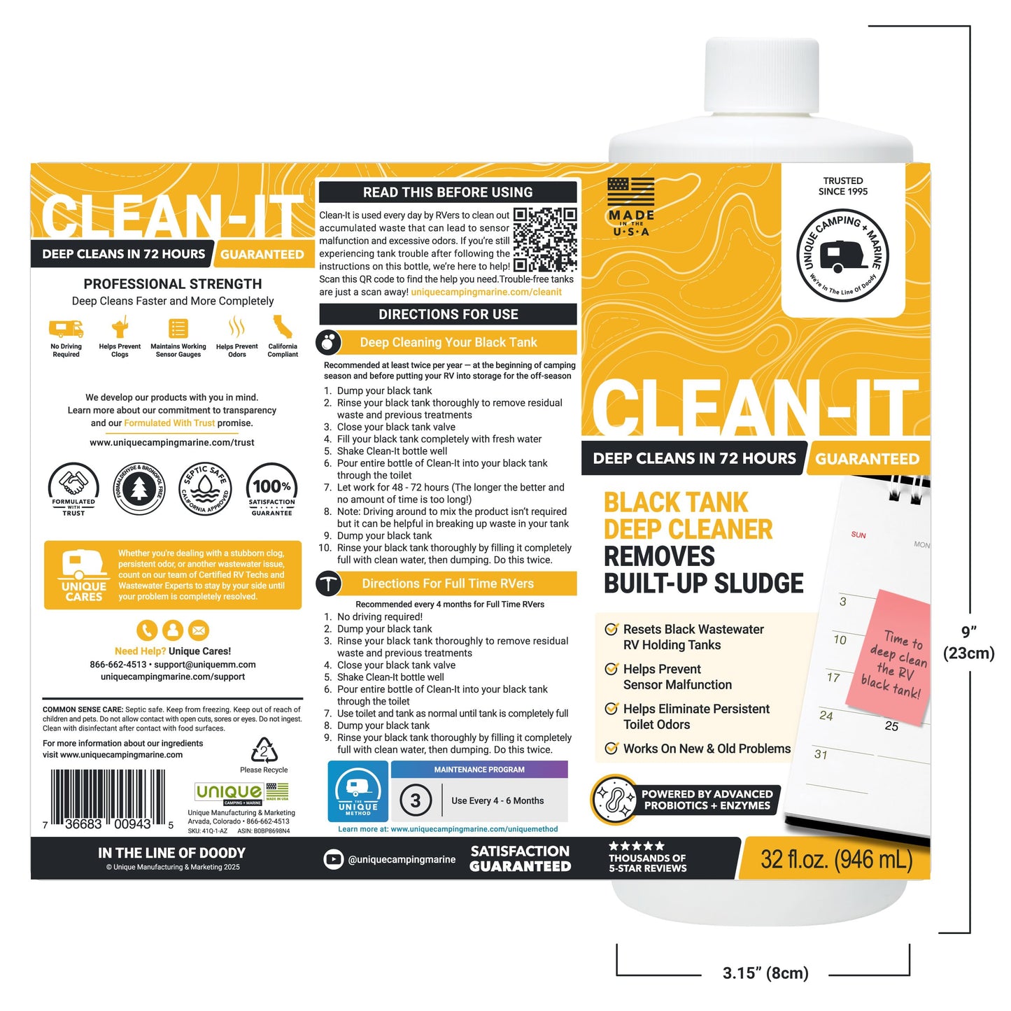 Unique Clean-It RV Black Tank Cleaner Liquid - Effectively Resets Dirty RV Black Tanks - Eliminates Odors and Waste (32 oz) Amazon Exclusive Packaging