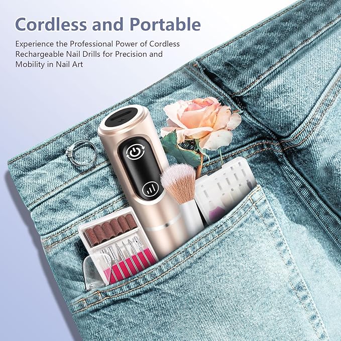 Cordless Nail Drill Electric Rechargeable File Kit, Professional Efile Acrylic Gel Nail Polish Remover Pedicure Manicure Machine Portable Set with 11 Bits 56 Sanding Bands for Salon Home Gold