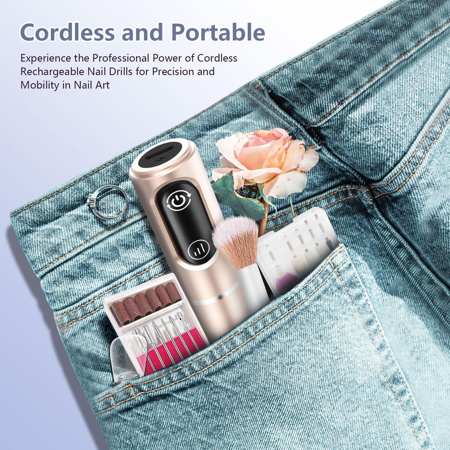 TUOBEO Cordless Nail Drill Electric Rechargeable File Kit, Professional Efile Acrylic Gel Nail Polish Remover Pedicure Manicure Machine Portable Set with 11 Bits 56 Sanding Bands for Salon Home Gold