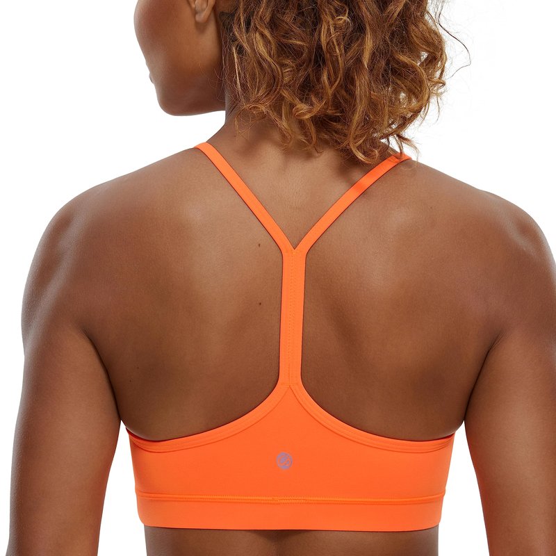 CRZ YOGA Butterluxe Y Back Sports Bras for Women - Padded Racerback Low Impact Spaghetti Thin Strap Workout Yoga Top Neon Orange X-Large