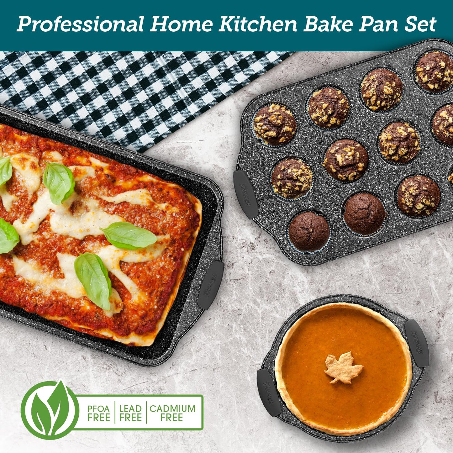 BAKKENMaster 6-Piece Nonstick Gray Marble Coated Bakeware Set - Professional Quality Carbon Steel Pans with Silicone Handles - Ideal for Oven, Refrigerator, Freezer - Dishwasher Safe
