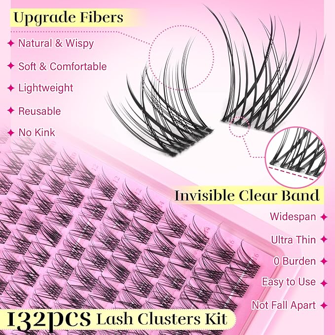 PHKERATA Natural Lash Clusters Kit Invisible Band Eyelash Clusters Wispy Lash Extension Kit DIY Cluster Eyelash Extension Kit Individual Lashes with Lash Glue Bond and Seal Tweezers, 8-16mm