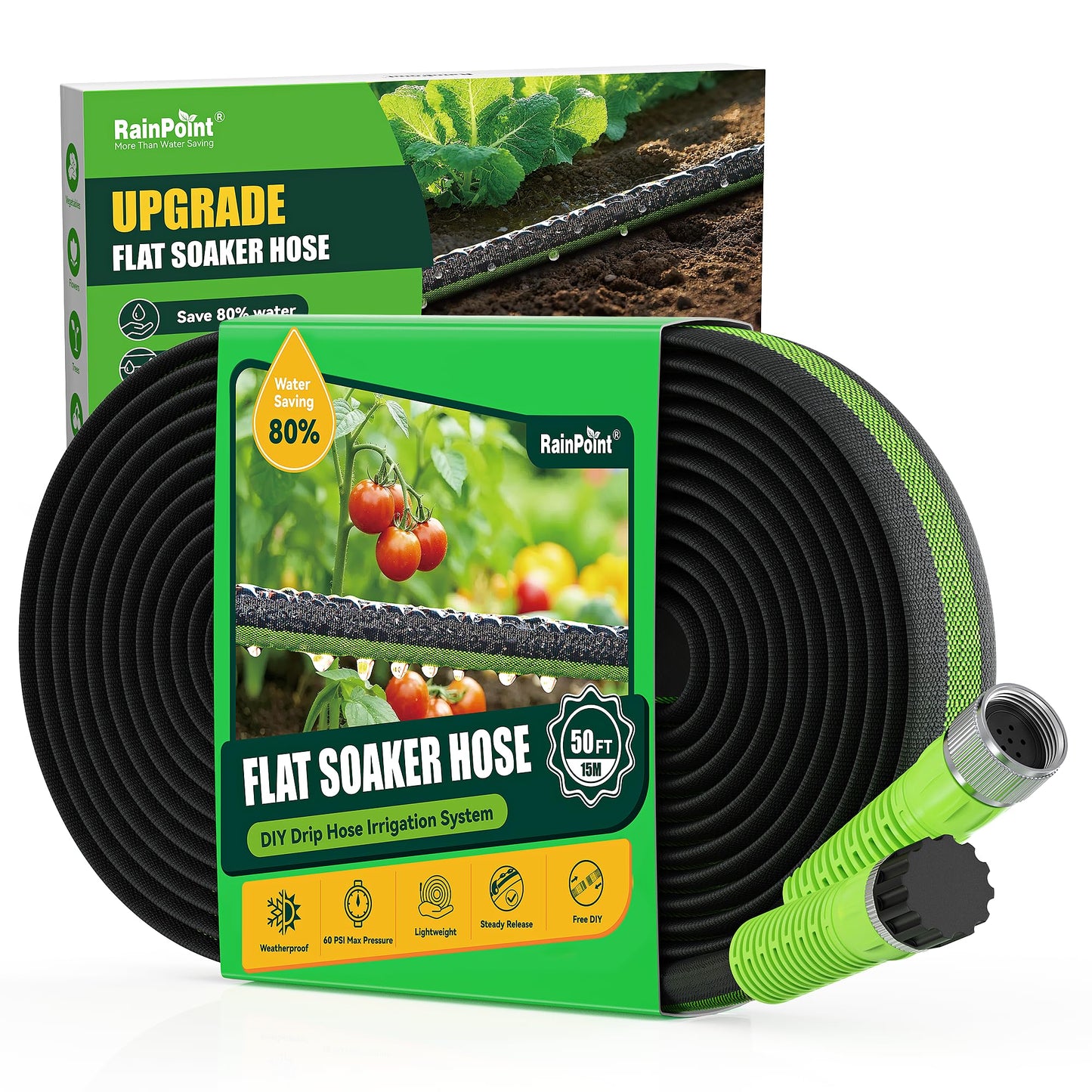 RAINPOINT Soaker Hose 50FT, 80% Water-Saving Drip Irrigation Hose for Garden, Leakproof and Flexible with Anodized Aluminum Ends, Double Layer Flat Soaking Hose for Flower, Vegetables and Tree, Green