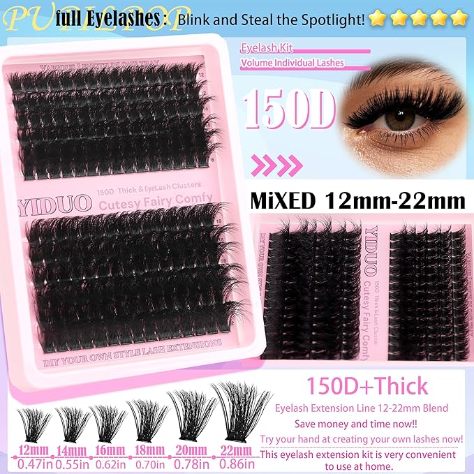 YIDUO 150D+200D Lash Clusters Kit with Glue and Removers, 575Pcs Volume Thick+Spiky Lashes Extension, 12-21mm Thick Extension Eyelashes DIY Individual False Eyelash Kit DIY at Home Easily