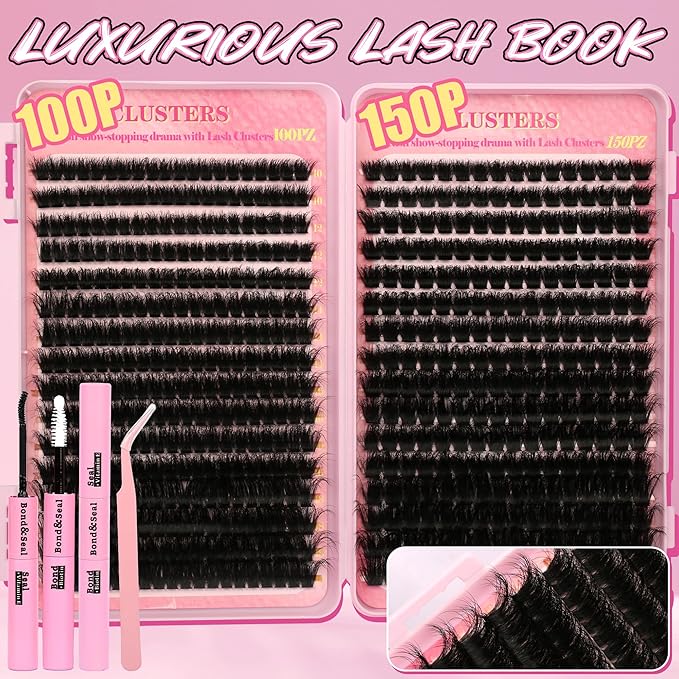 Lash Clusters Kit 560Pcs Cluster Eyelash Extensions Volume 100D 150D Eyelash Clusters D Curl Lashes Clusters DIY Individual Lash Clusters Eyelash Glue Lash Tweezers