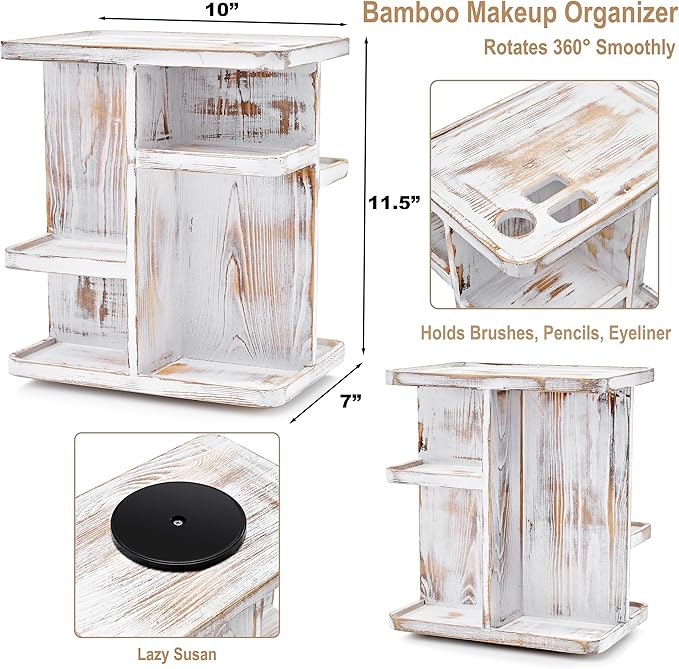 Sorbus 360ÃÂ° Makeup Organizer - Grey Rustic Wood Storage Carousel for Cosmetics, Make Up, Skin Care Organizer - Rotating Makeup Organizer for Vanity, Bathroom Storage, Bedroom, Kitchen, Desk, Dorm