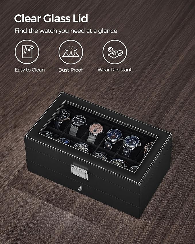 SONGMICS Watch Box, 12-Slot Watch Case Organizer with Large Glass Lid, 2 Layers, Removable Pillows, Metal Lock, Gift for Loved Ones, Black Synthetic Leather, Black Lining UJWB012B03