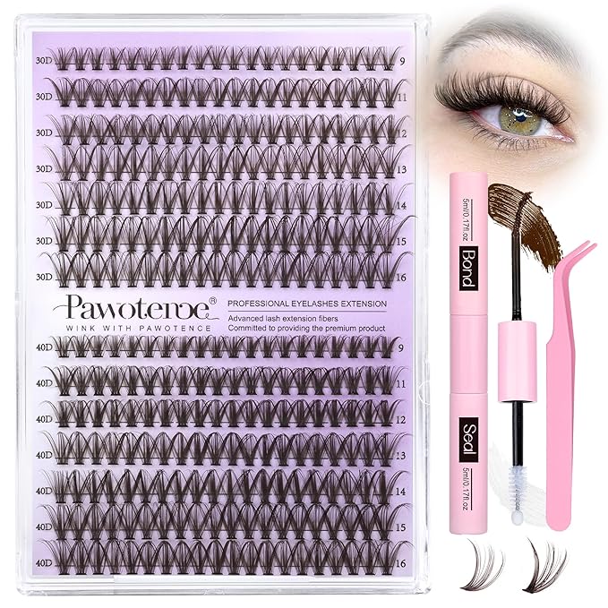 Pawotence Lash Extension Kit DIY 280pcs Brown Lash Clusters Eyelash Extension Kit 30D 40D 9-16mm Individual Lashes Kit with Lash Bond and Seal Lash Tweezers for Self Use (Brown 30D 40D, 9-16mm, Kit)