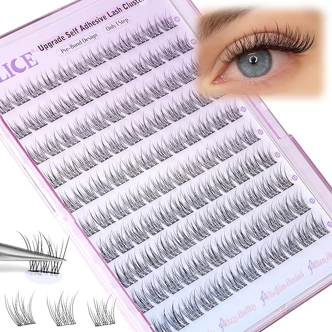 ALICE Self Adhesive Eyelashes Natural Self Adhesive Lash Clusters No Glue Needed Wispy Reusable Press on Lashes Pre-Glue 10-12mm 120pcs DIY Eyelash Extensions