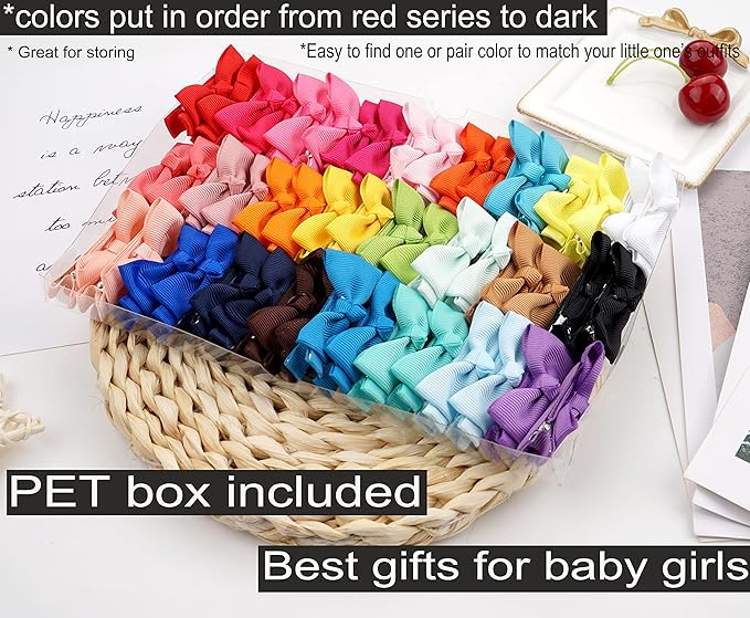 CÉLLOT Baby Hair Clips 50 Pieces 25 Colors in Pairs Baby Girls Fully Lined Bows Hair Pins Tiny 2" Hair Bows Alligator Clips for Girls Infants Toddlers
