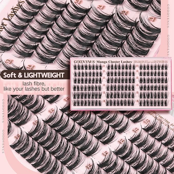 Goddvenus Manga Lash Clusters 12-14-16mm Natural Wispy Fairy Eyelash Clusters 144pcs Fluffy Cluster Eyelash Extensions Anime Cosplay No Plastic Feel Individual Lash Extension CC Curve