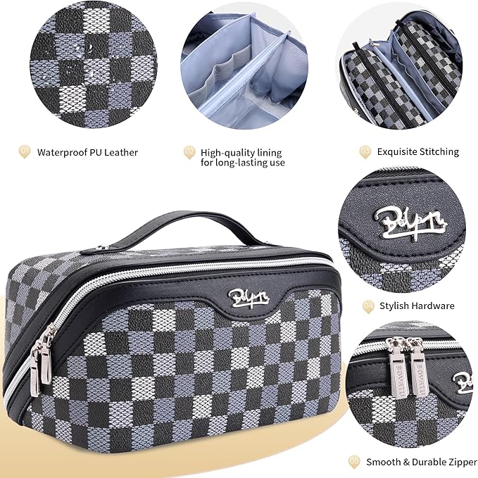 BOYATU Travel Makeup Bag Organizer Cosmetic Bag: 3 Pcs Set Make up Bags for Women with Handle - Waterproof Vegan Leather Toiletry Bag (01-H-Black)