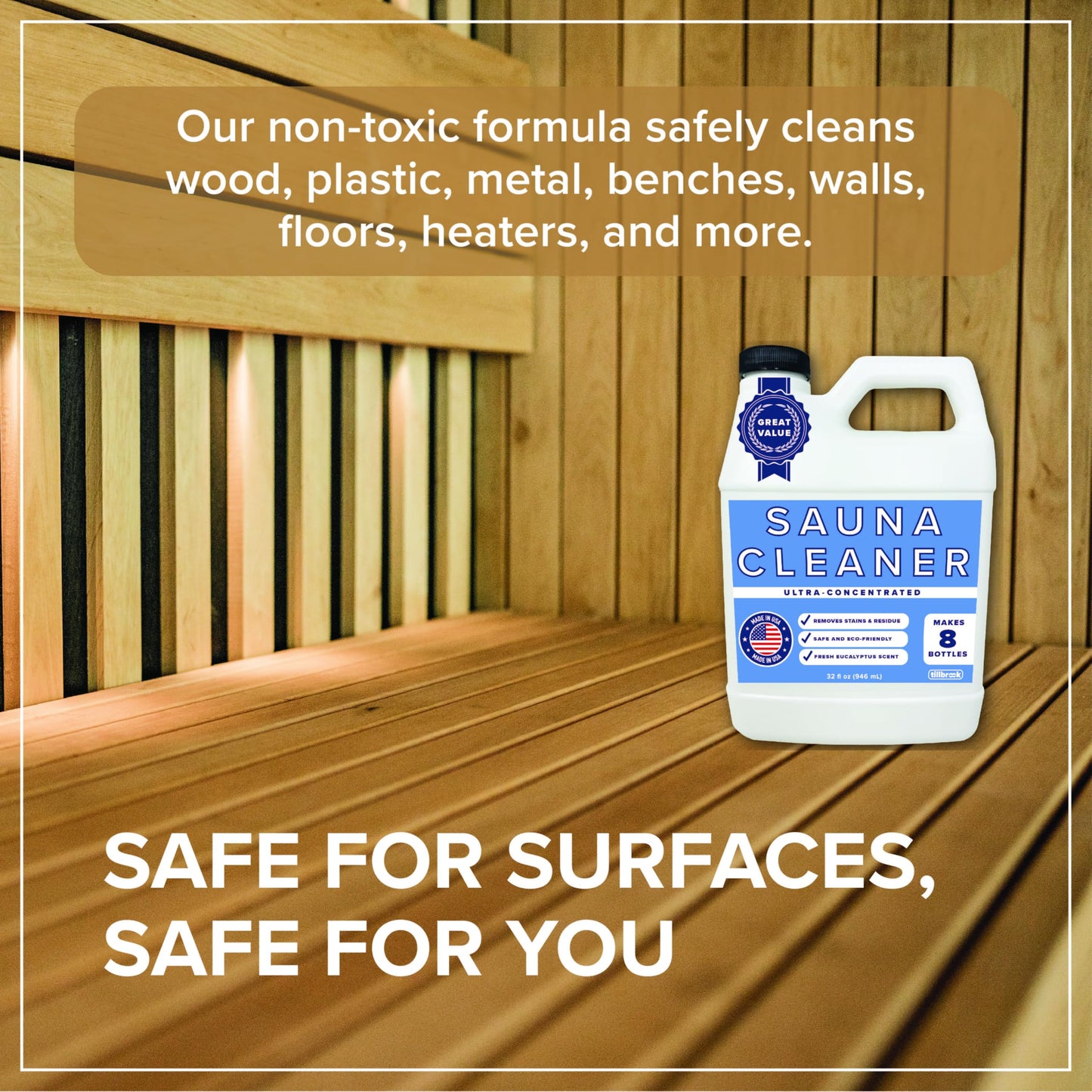Tillbrook Sauna Cleaner - Makes 4 Gallons Concentrated Sauna Wood Cleaner - 32 oz All-Natural Cleaning Solution for Saunas - Safe for All Surfaces - Removes Grease, Sweat, & Dirt - Eucalyptus Scent