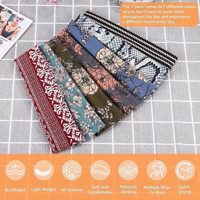 DiyJibb Headbands for Women, Stretchy Non Slip Soft Cotton Cloth Hair Bands for Sports, Workout, Yoga and Running, 7pcs