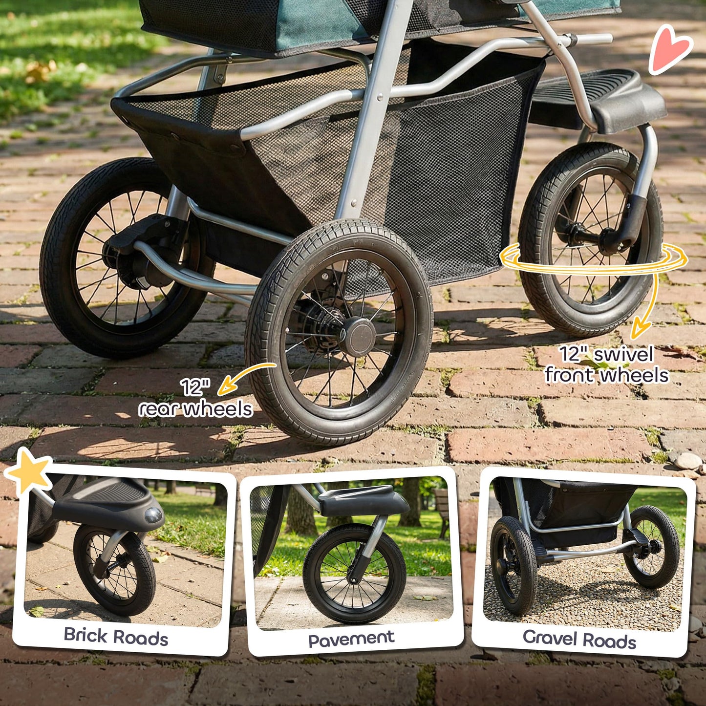 PawHut Dog Stroller for Small Dogs, 3 Wheel Foldable Pet Stroller with 12" Rubber Wheels, Mesh Window, One-Foot Brake, Storage Basket and Cup Holder, Up to 22 LBS, Dark Green