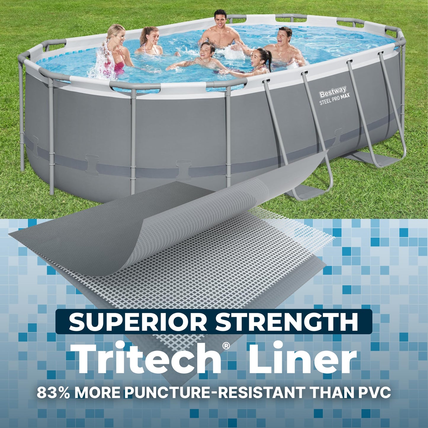 Bestway Steel Pro MAX 14' x 8'2" x 39.5" Oval Above Ground Swimming Pool Set, 530 GPH Filter Pump, Ladder, Tritech Puncture Resistant Liner, ClickConnect Steel Frame, Gray