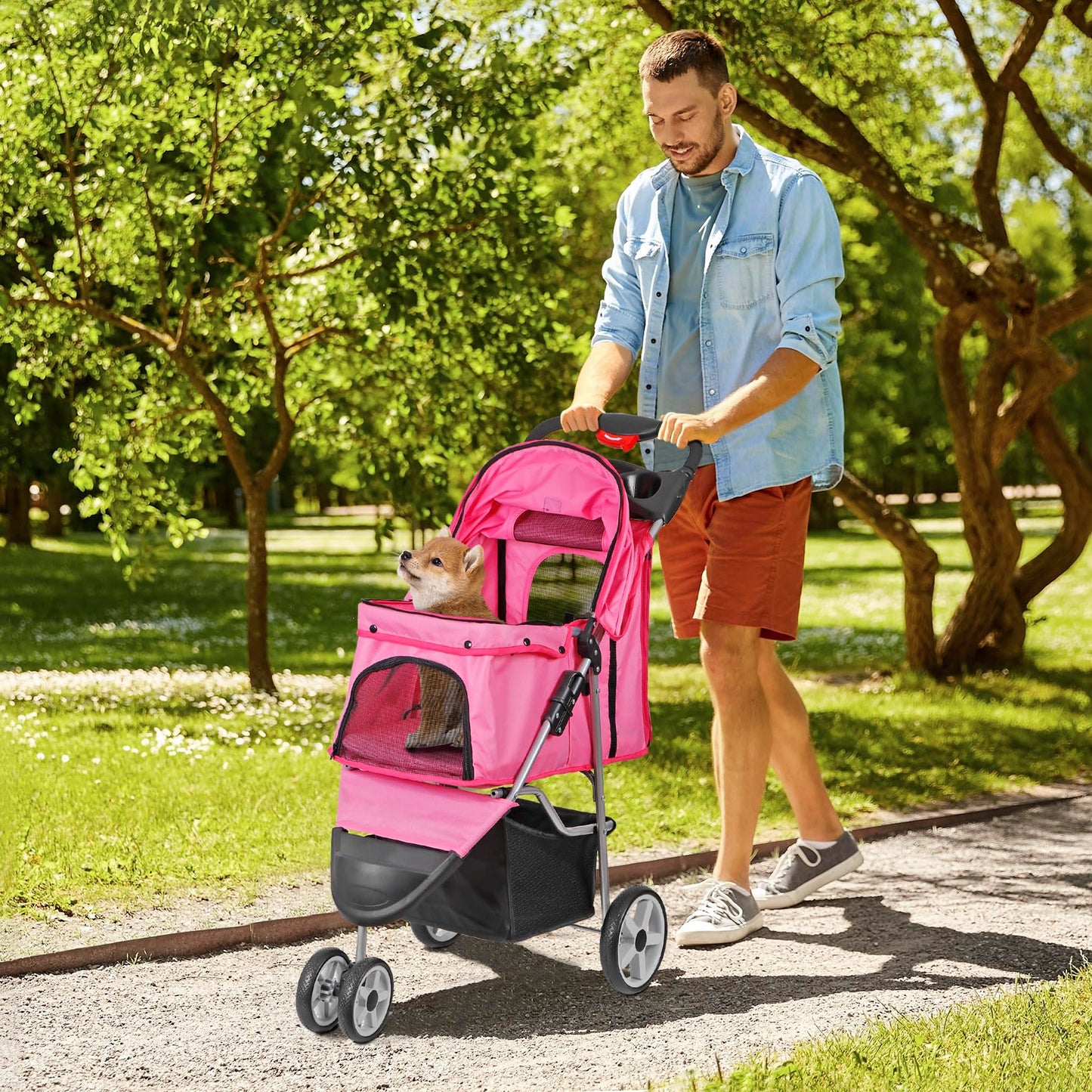 ZENY Foldable Pet Stroller, Cat/Dog Stroller with 3 Wheel, Pet Strolling Cart, Dog Travel Carrier with Storage Basket + Cup Holder (Pink)