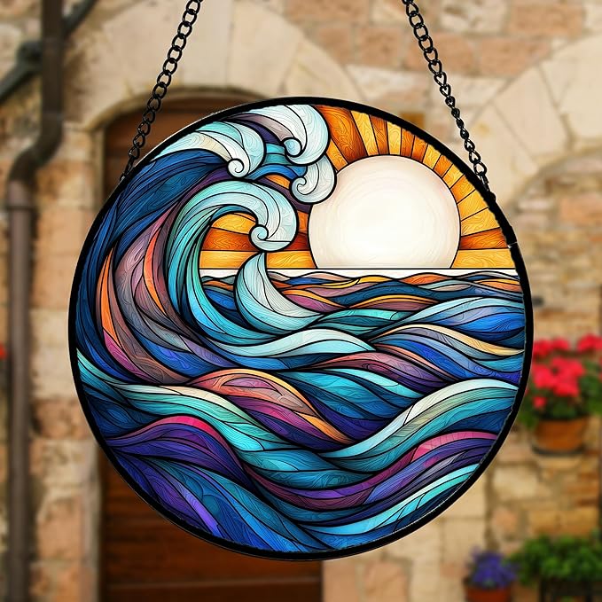 DASTOLL Stained Glass Window Hanging, Big Wave Sun Suncatcher Diamond Glass Panel Hangings Abstract Sun Catchers Decor for Birthday for Women, Men, Wife, Aunt, and Mom 9.8 in