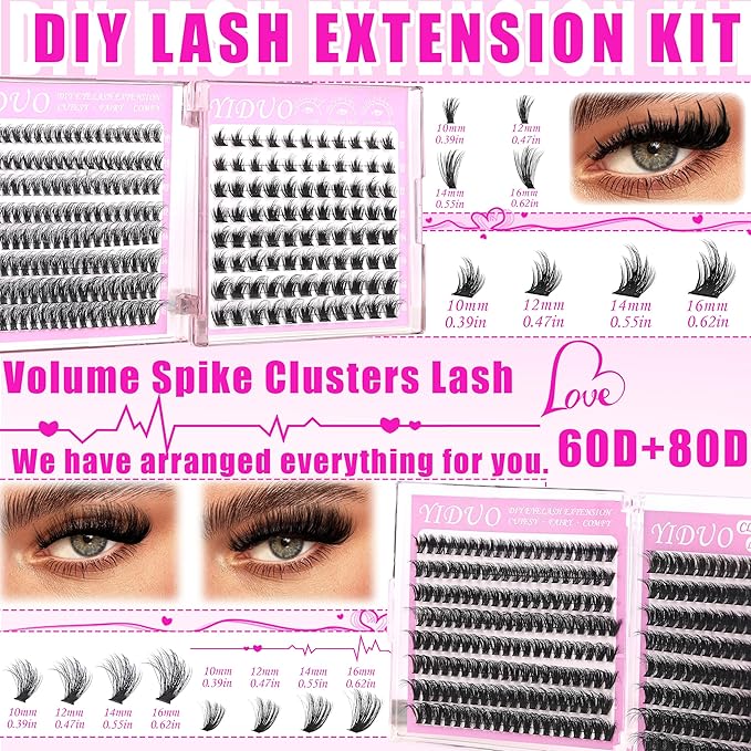 YIDUO 6 Styles Lash Clusters Kit 40D+60D+80D+Manga with Spikes Portable Lash Makeup Bag Kit Volume Studio Effect Lashes Kit 10-18mm Wispy Individual Eyelash Extensions with Lash Bond and Seal