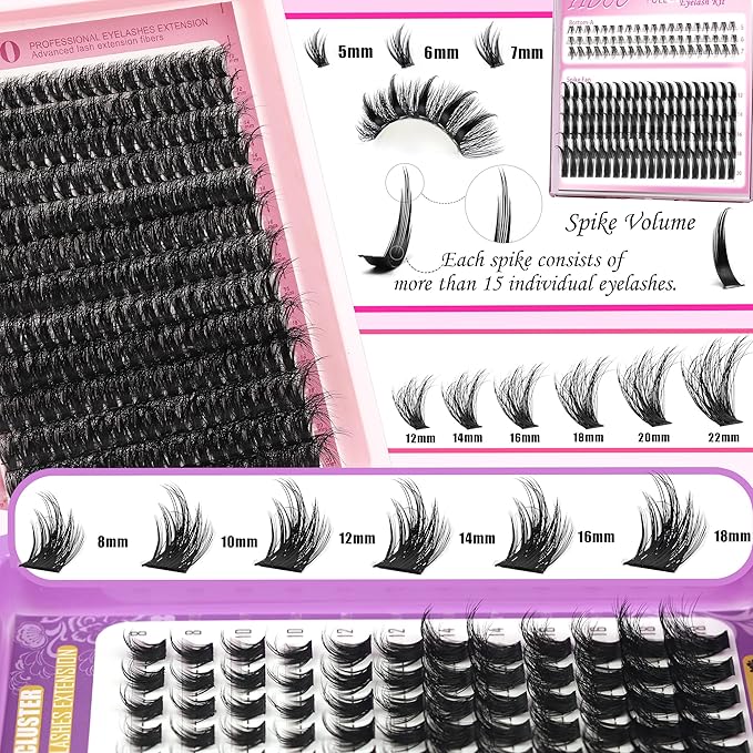 YIDUO 6 Styles Lash Clusters Kit Bulk Packs Eyelash Extensions Volume/Manga/ultra/Dramatic with pikes Bottom Lashes Clusters Kit 5-20mm Wispy Individual Fake Eyelashes Kit DIY at Home Easily
