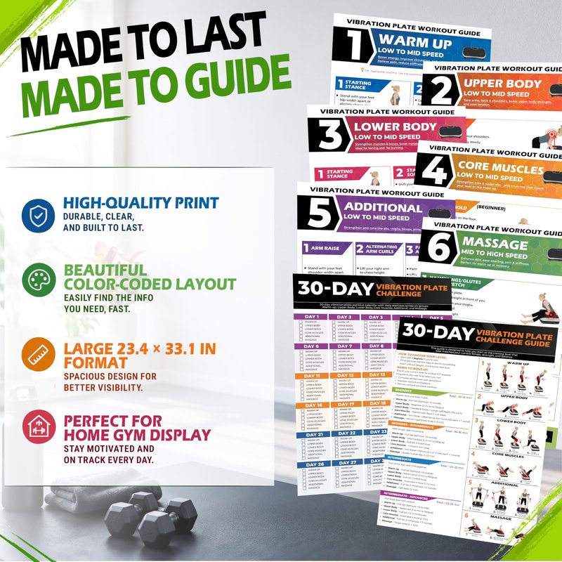 POCAZONE Vibration Plate Workout Poster, Full-Body Exercises + 30-Day Personalized Plan, Beginner to Advanced Guidance, Fits All Vibration Machines, Home Fitness & Recovery