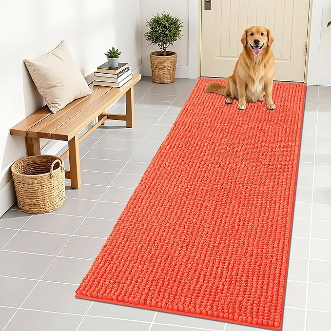 OLANLY Dog Door Mat for Muddy Paws 70x24, Ultra Absorbent Chenille Mud Doormat, Non-Slip Washable and Dirt Trapping Doormat for Indoor Entryway, Quick-Dry Indoor Pet Bed Mats for Dogs, Coral