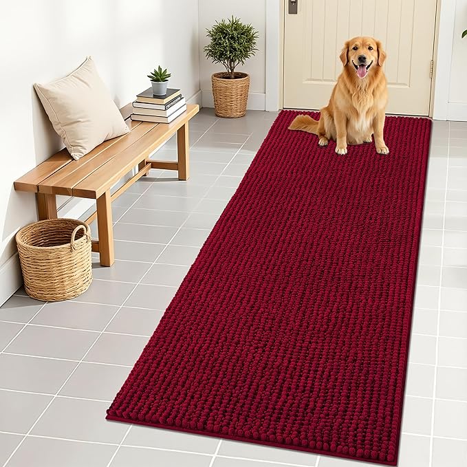 OLANLY Dog Door Mat for Muddy Paws 70x24, Ultra Absorbent Chenille Mud Doormat, Non-Slip Washable and Dirt Trapping Doormat for Indoor Entryway, Quick-Dry Indoor Pet Bed Mats for Dogs, Burgundy