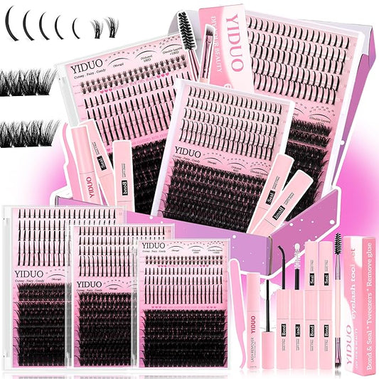 YIDUO Lashes Clusters Kit with Spikes Bottom Lash Extensions 816Pcs Bulk Packs with 2X Bond&Seal Wispy Individual Fake Eyelash Kit Wholesale Large Pack for Beginners Gift Choice