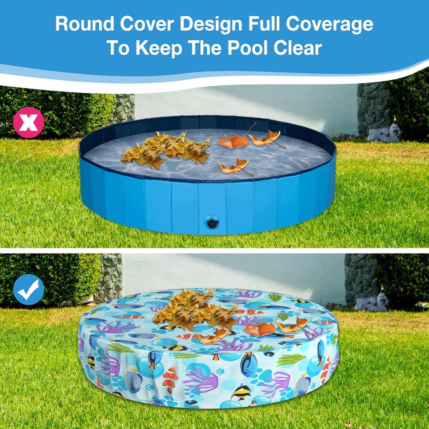Ladadee Foldable Round Dog Swimming Pool Cover, for 32 "/63“/48” Collapsible Outdoor Tub, PVC Coating Waterproof and UV Protection, Leakproof Washable Kiddie Pet Small Paddling Bath Accessories