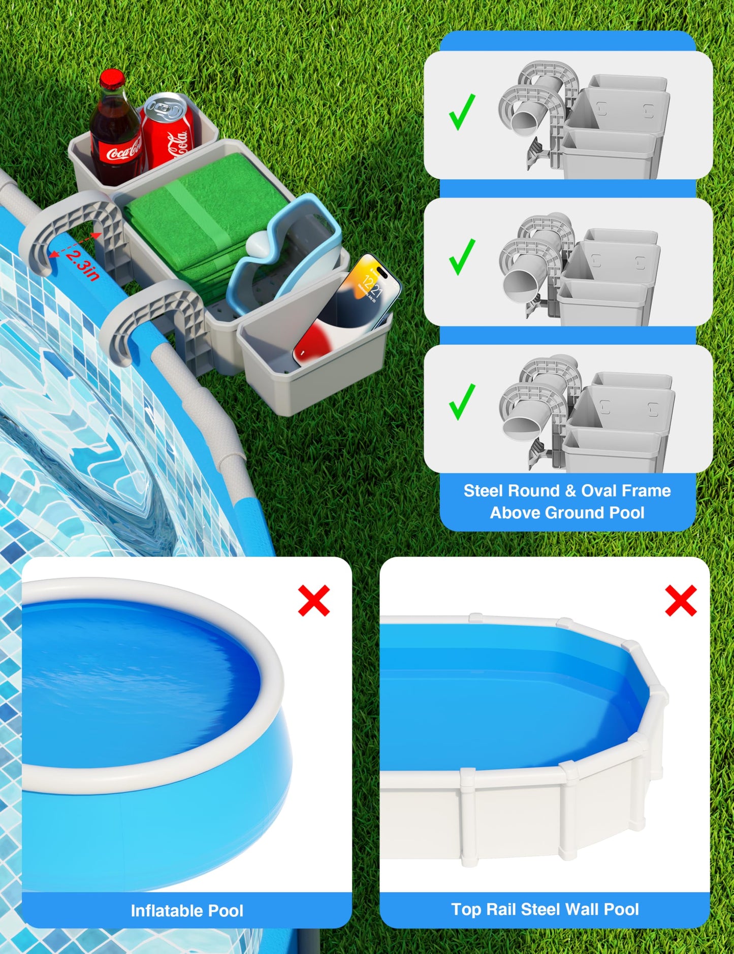 POOLHOUR [Patented] Poolside Storage Basket with 2 Cup Holders, Stretchable Above Ground Pool Accessories Organizer, Multifunctional Poolside Holder for Most Frame Pool Accessories (2Pack)
