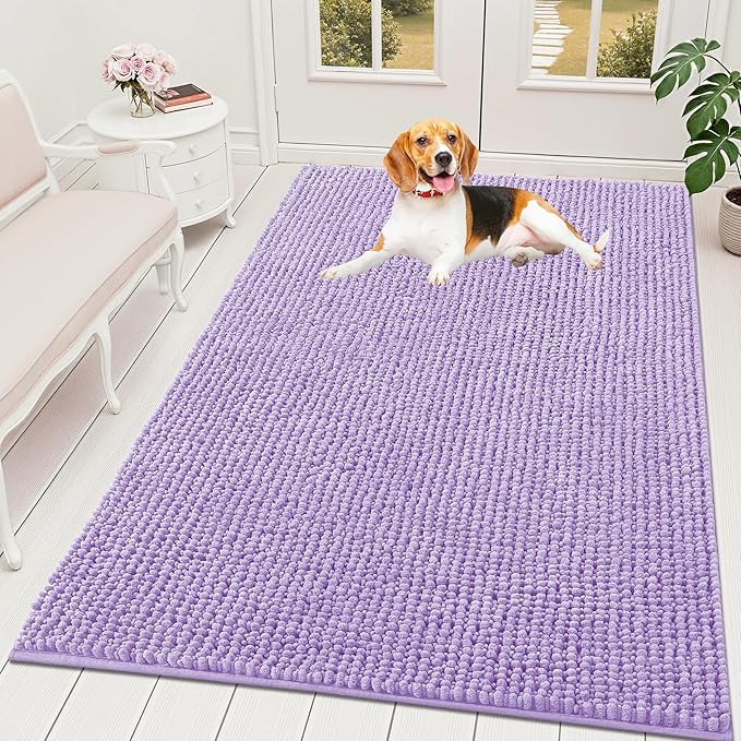 OLANLY Dog Door Mat for Muddy Paws 59x35, Ultra Absorbent Chenille Mud Doormat, Non-Slip Washable and Dirt Trapping Doormat for Indoor Entryway, Quick-Dry Indoor Pet Bed Mats for Dogs, Lavender