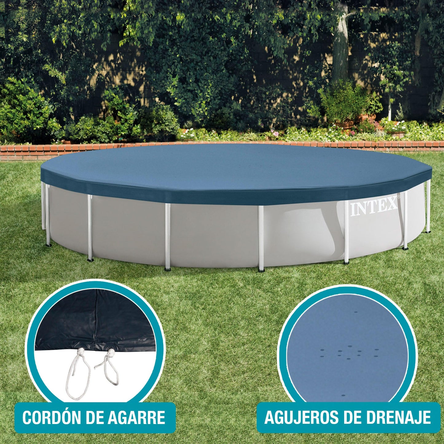 INTEX 28030E Pool Cover: For 10ft Round Metal Frame Pools – Includes Rope Tie – Drain Holes – 10in Overhang – Snug Fit