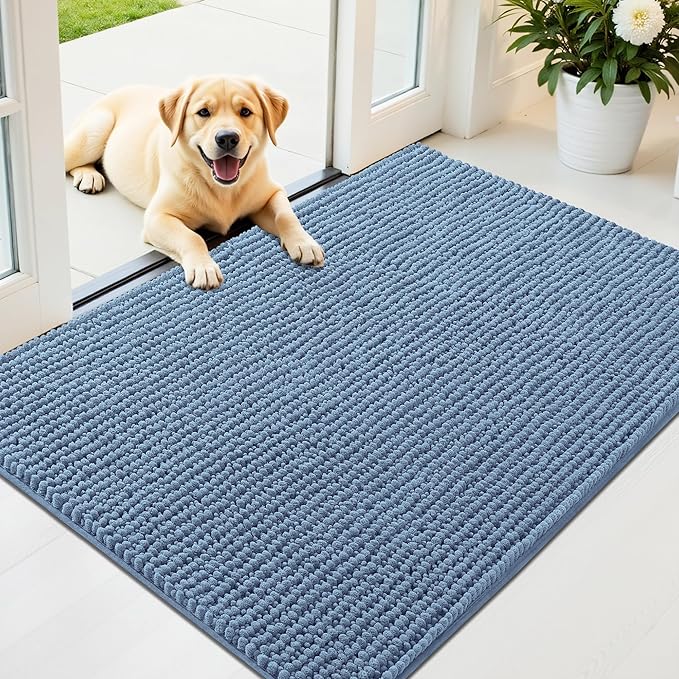 OLANLY Dog Door Mat for Muddy Paws 44x32, Ultra Absorbent Chenille Mud Doormat, Non-Slip Washable and Dirt Trapping Doormat for Indoor Entryway, Quick-Dry Indoor Pet Bed Mats for Dogs, Airy Blue