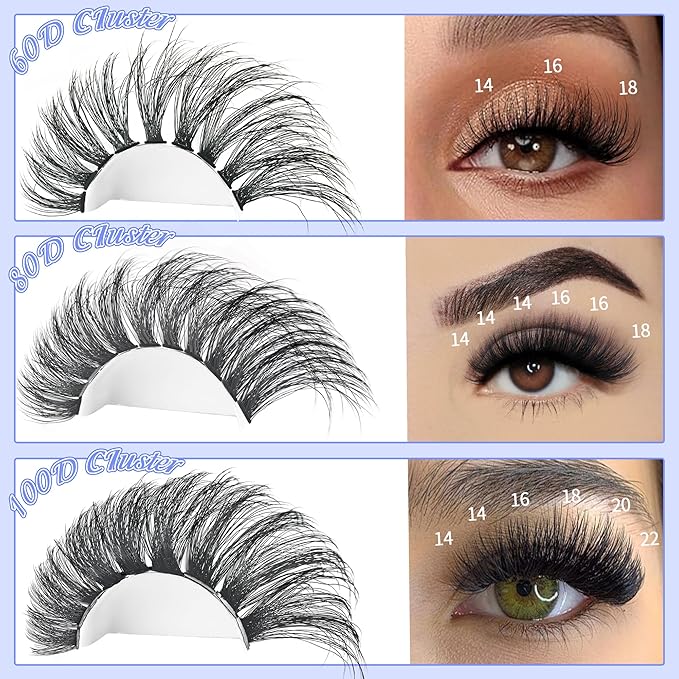 60+80+100D Lash Clusters Kit Eyelash Extension Kit DIY Lash Extension Kit 280 PCS Lashes Clusters Cluster with Lash Bond and Seal Lash Applicator for Lash Extensions by Yaiseiko(14-24MM)