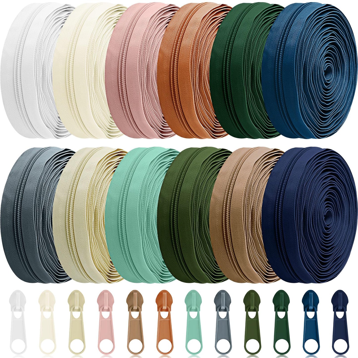 Syhood 12 Pieces 36 Yards #5 Sewing Zippers Tapes by The Yard Nylon Coil Zipper Rolls Bulk with 120 Alloy Sliders for DIY Crafts Bags Repair and Sewing Supplies(Morandi Color)
