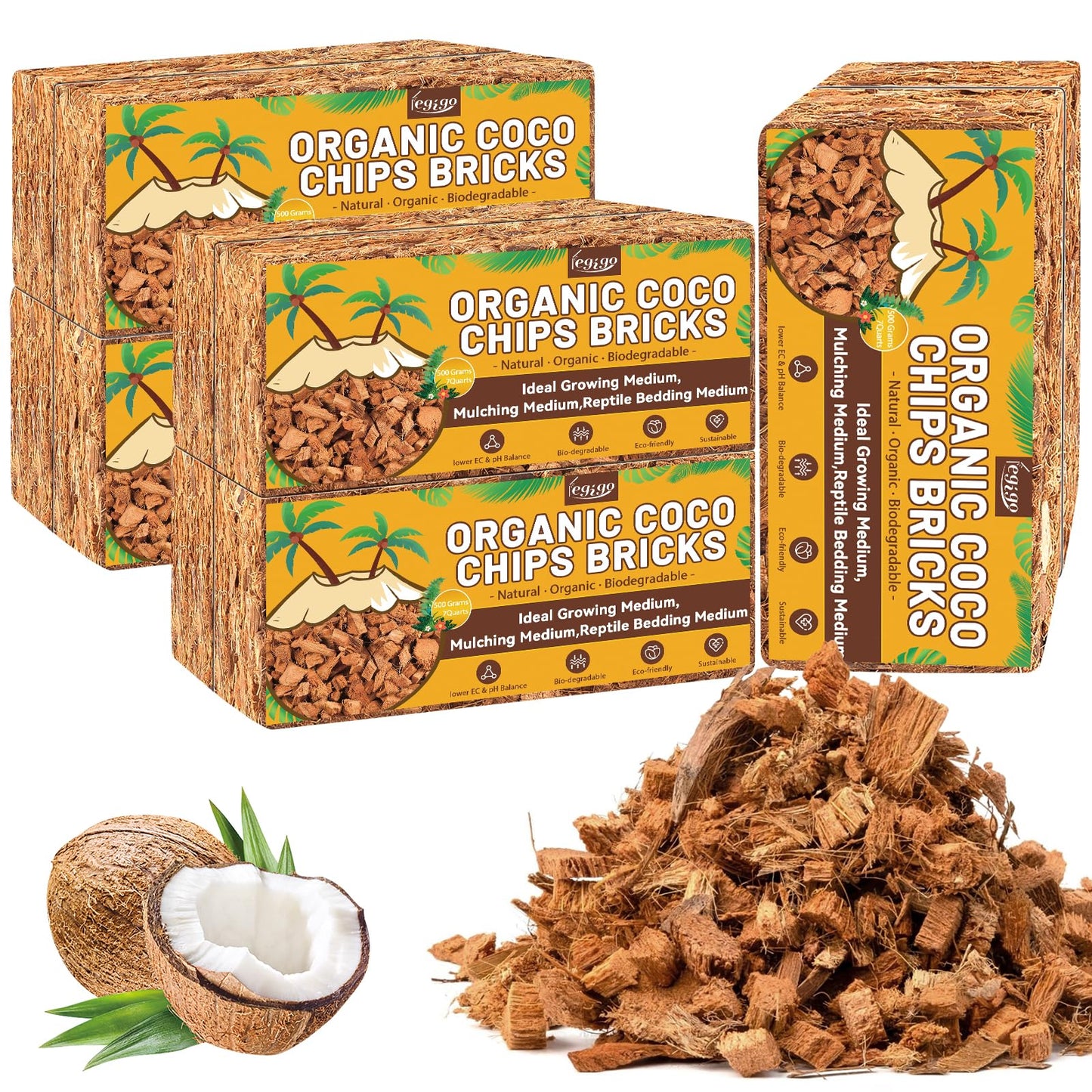 Legigo 10 Pack Coco Coir Chips for Plants- 11 LB 100% Organic Coconut Chips Brick Potting Mix with Low EC & PH Balance, Coconut Husk Substrate Coco Husk Mulch for Garden, Planting, Orchid and Soil Mix