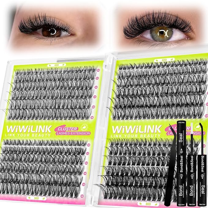 Lash Clusters Kit 40D+50D+60D+80D Individual Lashes 468PCS D Curl 10-18mm DIY Eyelash Extension Kit with Cluster Lash Bond & Seal and Applicator for Eyelashes Extension Beginners