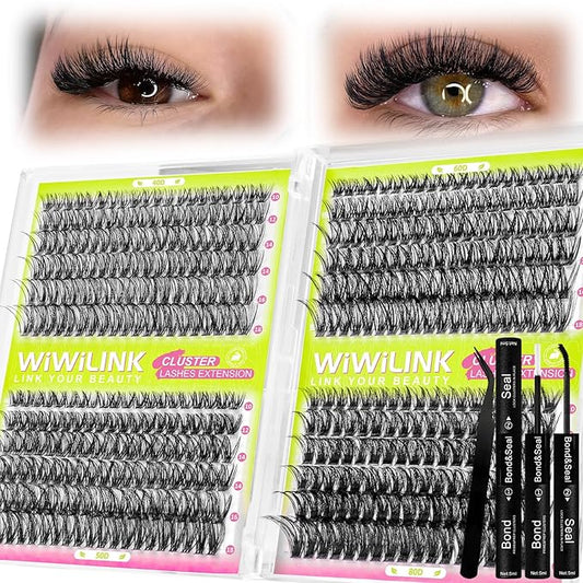 Lash Clusters Kit 40D+50D+60D+80D Individual Lashes 468PCS D Curl 10-18mm DIY Eyelash Extension Kit with Cluster Lash Bond & Seal and Applicator for Eyelashes Extension Beginners