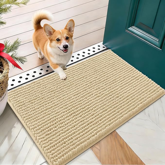 OLANLY Dog Door Mat for Muddy Paws 24x16, Ultra Absorbent Chenille Mud Doormat, Non-Slip Washable and Dirt Trapping Doormat for Indoor Entryway, Quick-Dry Indoor Pet Bed Mats for Dogs, Sand