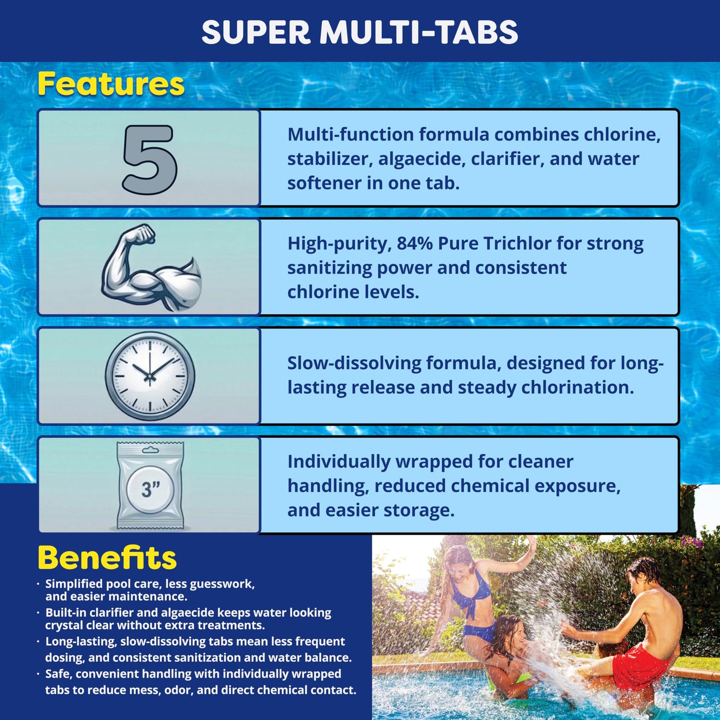 In The Swim 3 inch 5-in-1 Super Multi-Tabs – Swimming Pool Sanitizer – Chlorine - Algaecide - Stabilizer - Clarifier - 9 Pounds