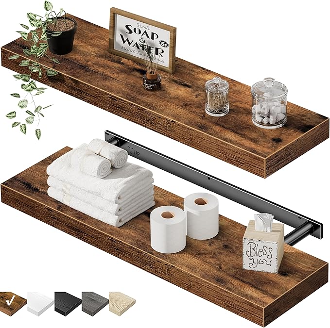QEEIG Floating Shelves for Wall 23.6" Long - Wall Mounted Shelf Bathroom Kitchen Living Room Bedroom Farmhouse Home Decor Display Bookshelf Set of 2, Rustic Brown (008-60BN)