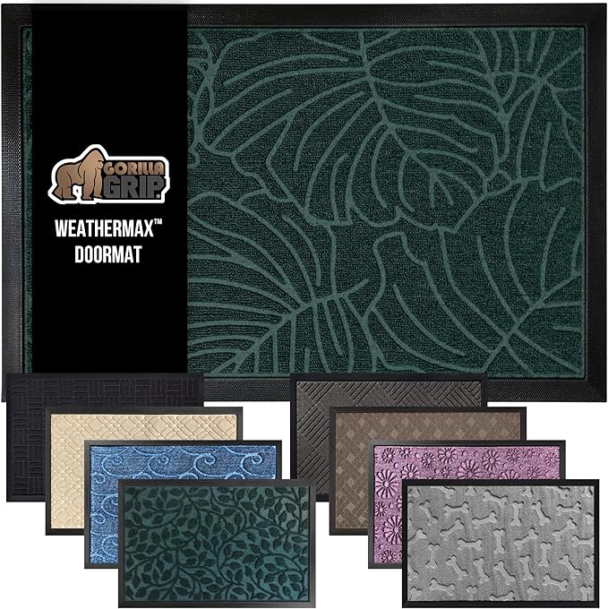 GORILLA GRIP 100% Waterproof All-Season WeatherMAX Doormat, 34x58, US Designed Natural Rubber, Stain and Fade Resistant, Low Profile Indoor Outdoor Door Mats, Easy Clean Patio Mat, Green Palm