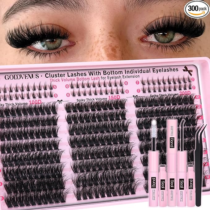 Fluffy Lash Clusters Kit Volume Cluster Eyelash Extensions Kit D Curl Waterproof Eyelash Clusters 240pcs Individual Lashes Full Faux Mink Cluster Lashes and 60pcs Bottom Lashes for DIY Lash Extension